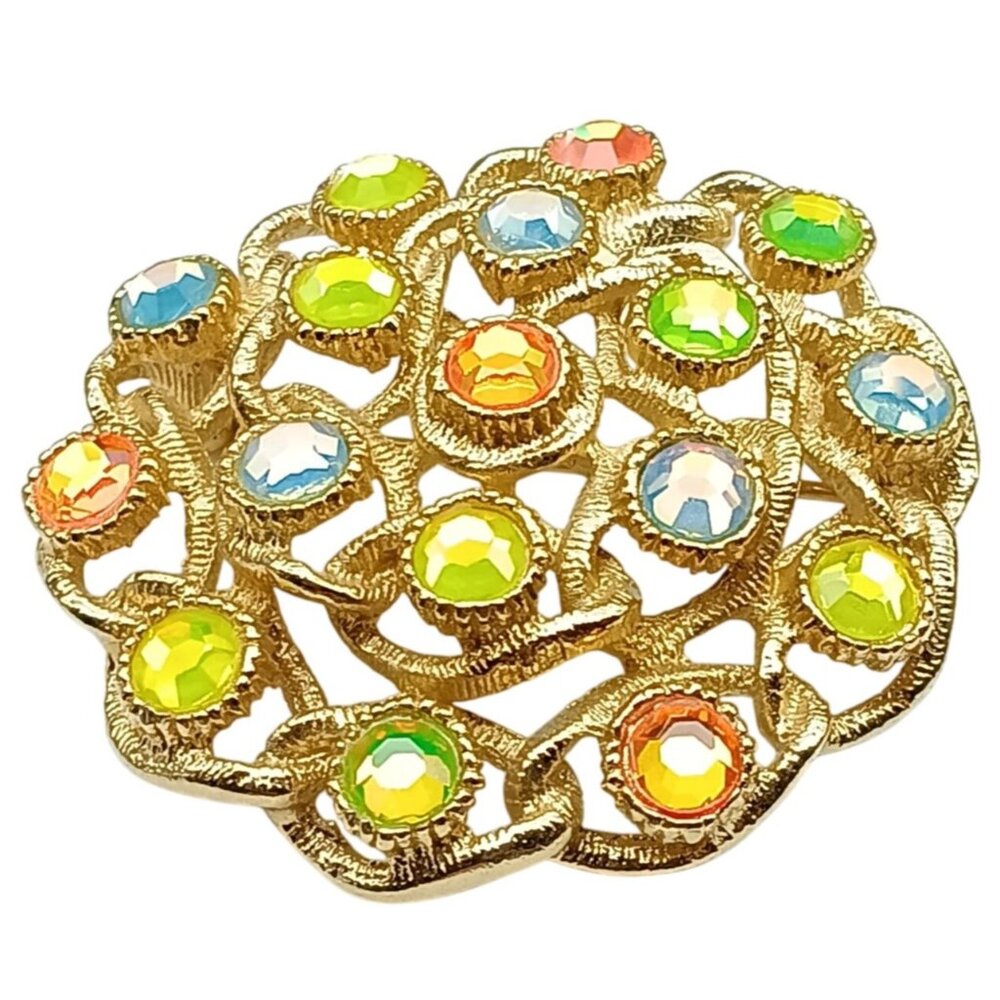 Vintage Sarah Coventry Moon Lites Brooch Gold Tone with Multicolor Rhinestones R